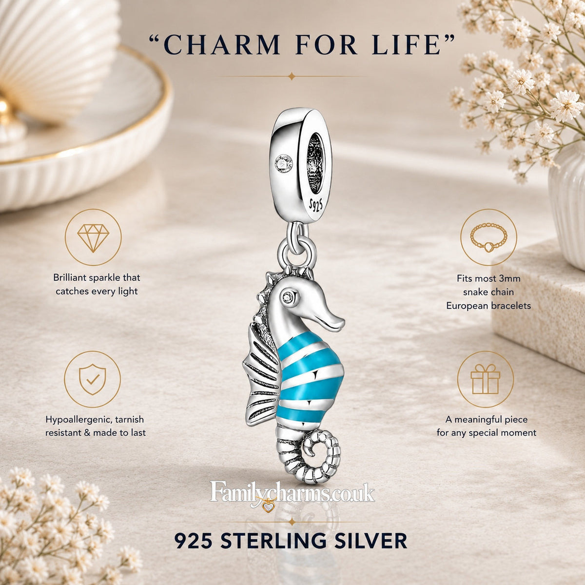 Blue Striped Seahorse Dangle Sterling Silver Charm Hallmarked S925 for Charm Bracelet and Necklace