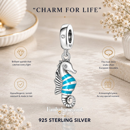 Blue Striped Seahorse Dangle Sterling Silver Charm Hallmarked S925 for Charm Bracelet and Necklace