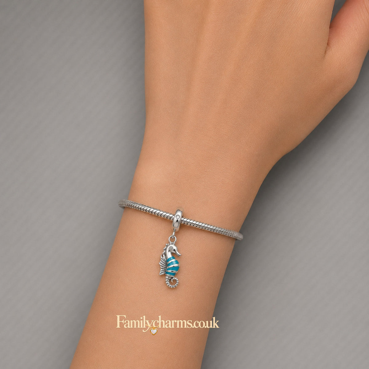 Blue Striped Seahorse Dangle Sterling Silver Charm Hallmarked S925 for Charm Bracelet and Necklace