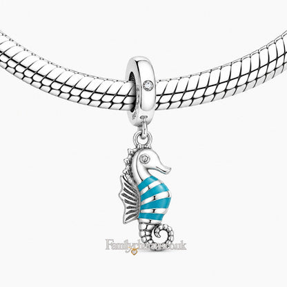 Blue Striped Seahorse Dangle Sterling Silver Charm Hallmarked S925 for Charm Bracelet and Necklace