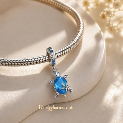 Blue Zircon Starfish and Turtle Pendant Charm Sterling Silver Charm Hallmarked S925 for Charm Bracelet and Necklace