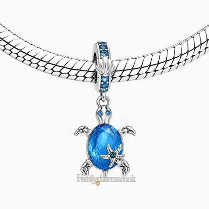 Blue Zircon Starfish and Turtle Pendant Charm Sterling Silver Charm Hallmarked S925 for Charm Bracelet and Necklace