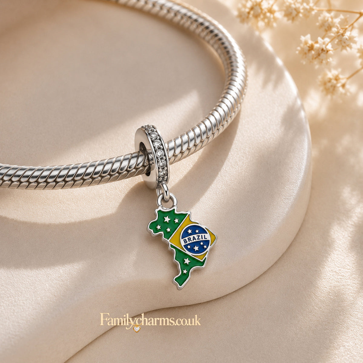 Brazil Flag Charm Sterling Silver Charm Hallmarked S925 for Charm Bracelet and Necklace