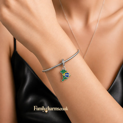 Brazil Flag Charm Sterling Silver Charm Hallmarked S925 for Charm Bracelet and Necklace