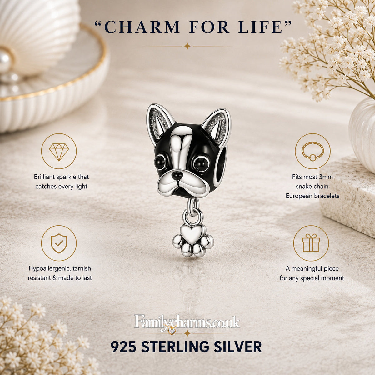 Bulldog and Paw Charm Sterling Silver Charm Hallmarked S925 for Charm Bracelet and Necklace