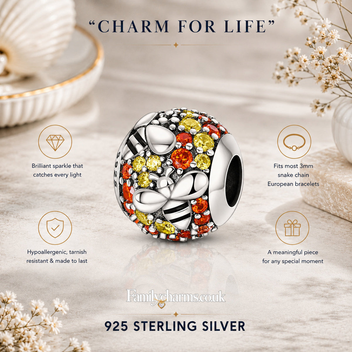 Bumble Bee Bead Sterling Silver Charm Hallmarked S925 for Charm Bracelet and Necklace