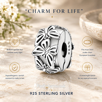 Butterflies Charm Clip Sterling Silver Charm Hallmarked S925 for Charm Bracelet and Necklace