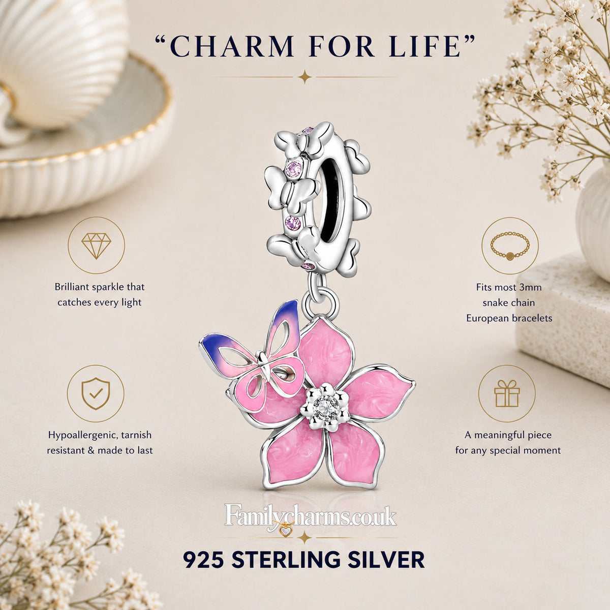 Butterfly & Cherry Blossom Charm Hallmarked S925 for Charm Bracelet and Necklace
