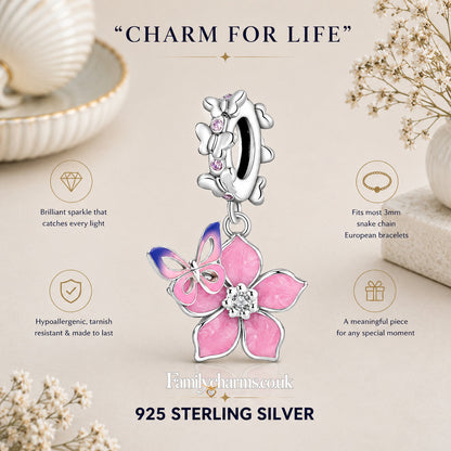 Butterfly & Cherry Blossom Charm Hallmarked S925 for Charm Bracelet and Necklace