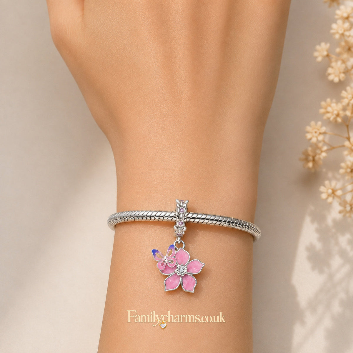 Butterfly & Cherry Blossom Charm Hallmarked S925 for Charm Bracelet and Necklace