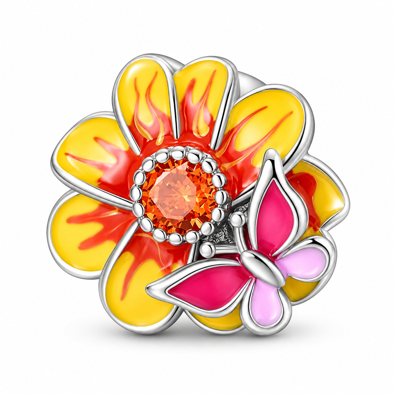 Butterfly on Sunflower Charm for Bracelet, S925 Sterling Silver