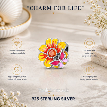 Butterfly on Sunflower Charm for Bracelet, S925 Sterling Silver