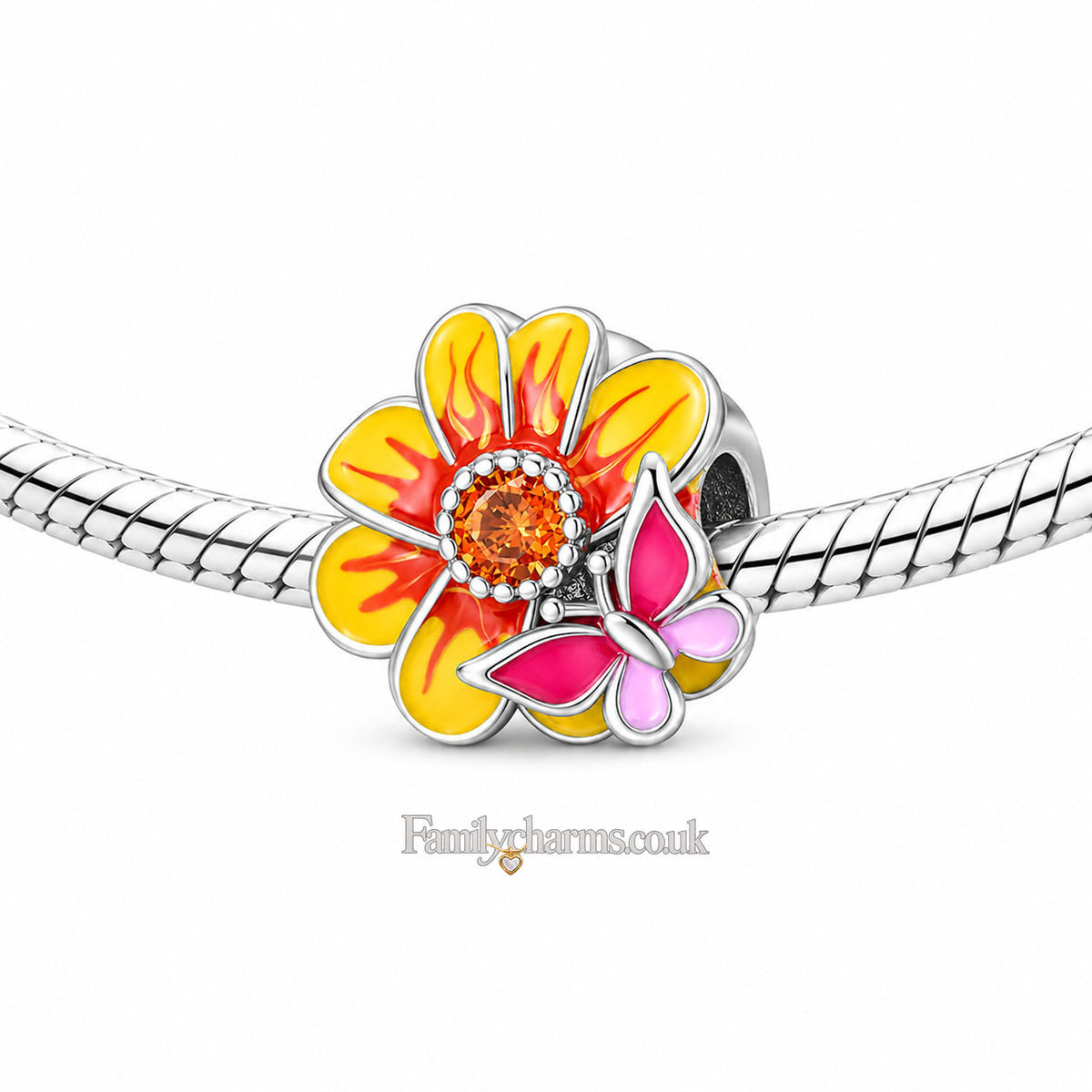 Butterfly on Sunflower Charm for Bracelet, S925 Sterling Silver