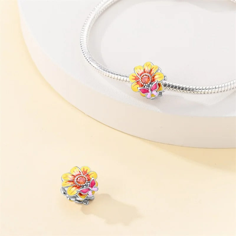 Butterfly on Sunflower Charm for Bracelet, S925 Sterling Silver