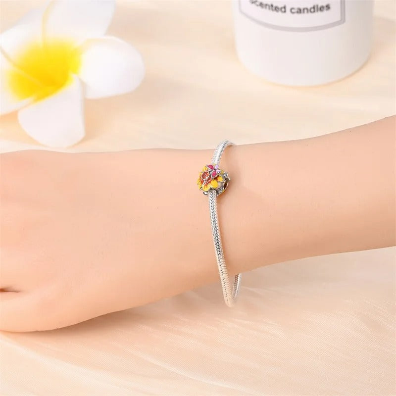 Butterfly on Sunflower Charm for Bracelet, S925 Sterling Silver