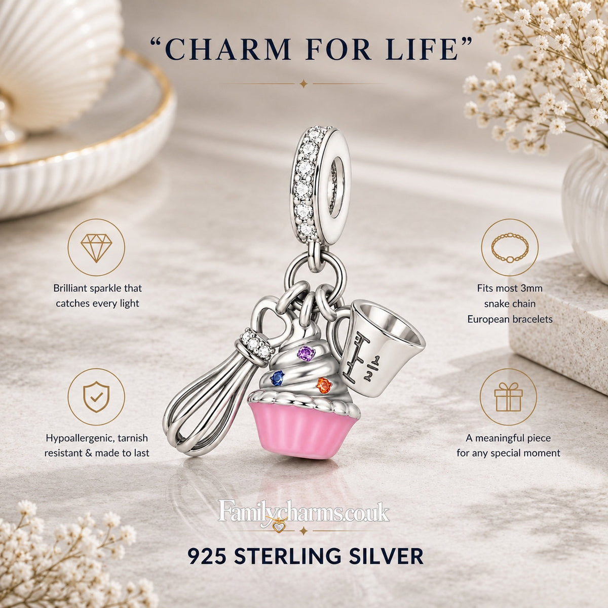 Cake Baking Cuppacake Bakers Charms Hallmarked S925 for Charm Bracelet and Necklace