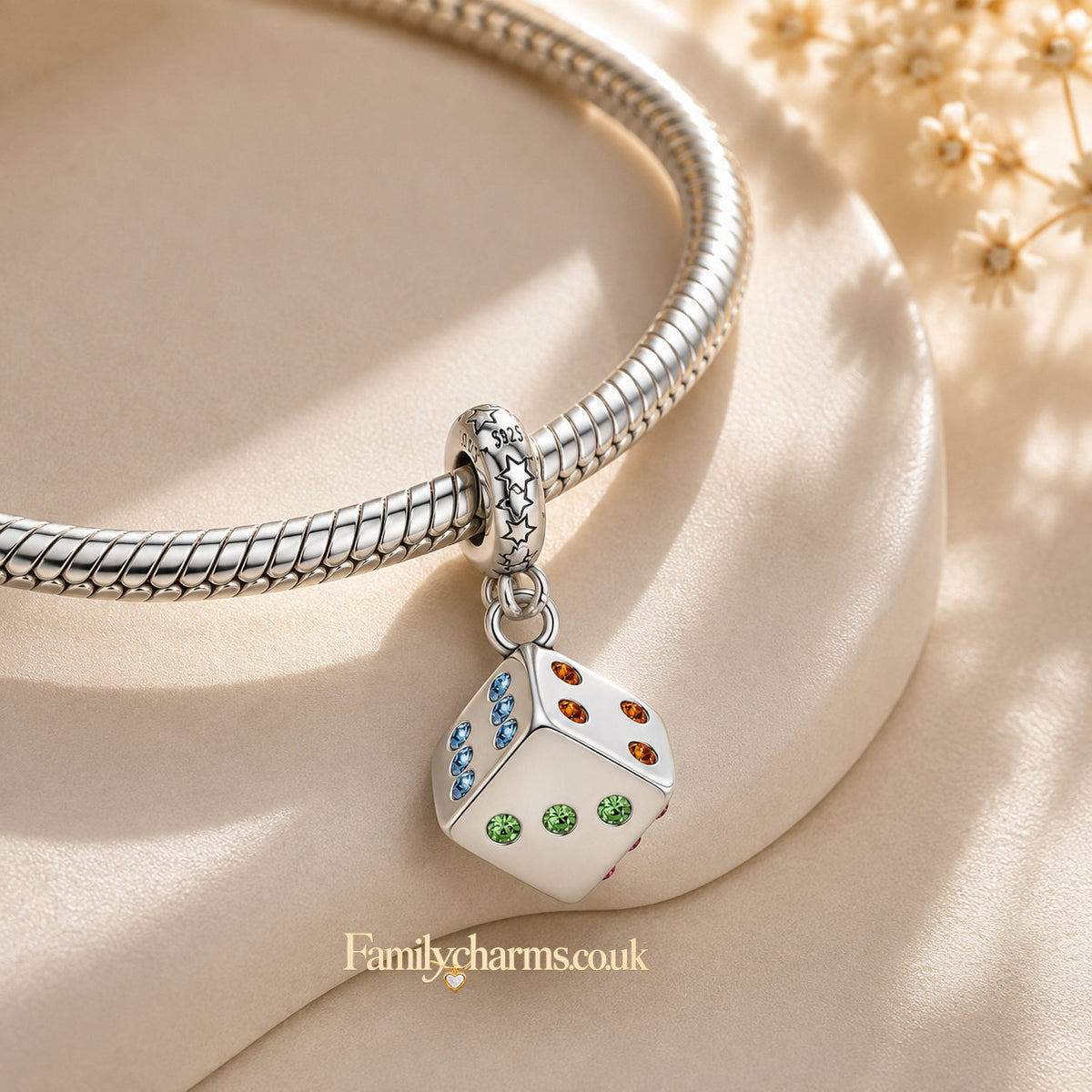 Casino Lucky Dice Dangle Sterling Silver Charm Hallmarked S925 for Charm Bracelet and Necklace