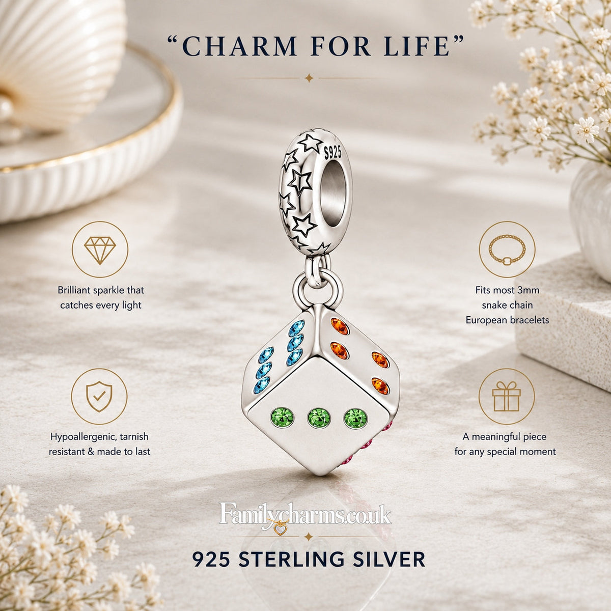 Casino Lucky Dice Dangle Sterling Silver Charm Hallmarked S925 for Charm Bracelet and Necklace