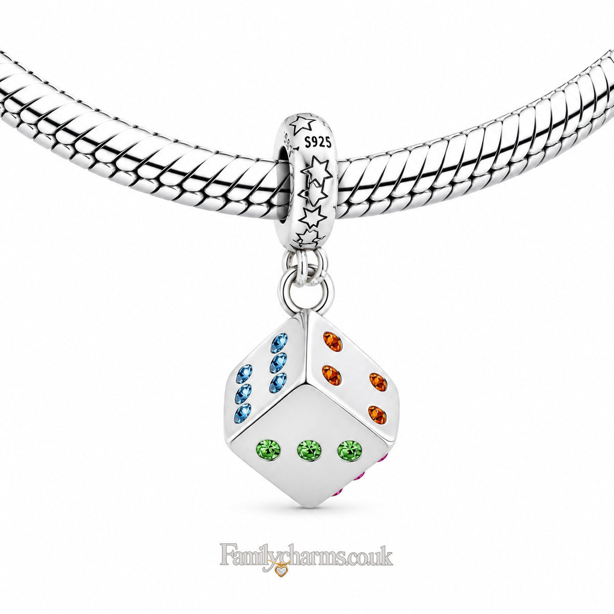 Casino Lucky Dice Dangle Sterling Silver Charm Hallmarked S925 for Charm Bracelet and Necklace