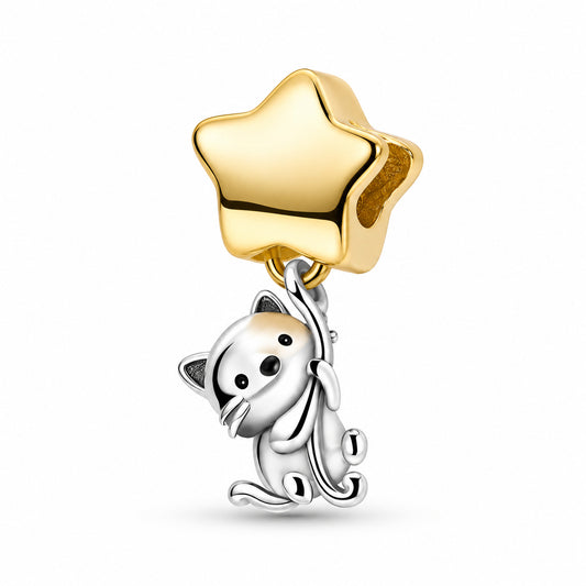 Cat Catching Golden Star Charm Hallmarked S925 for Charm Bracelet and Necklace
