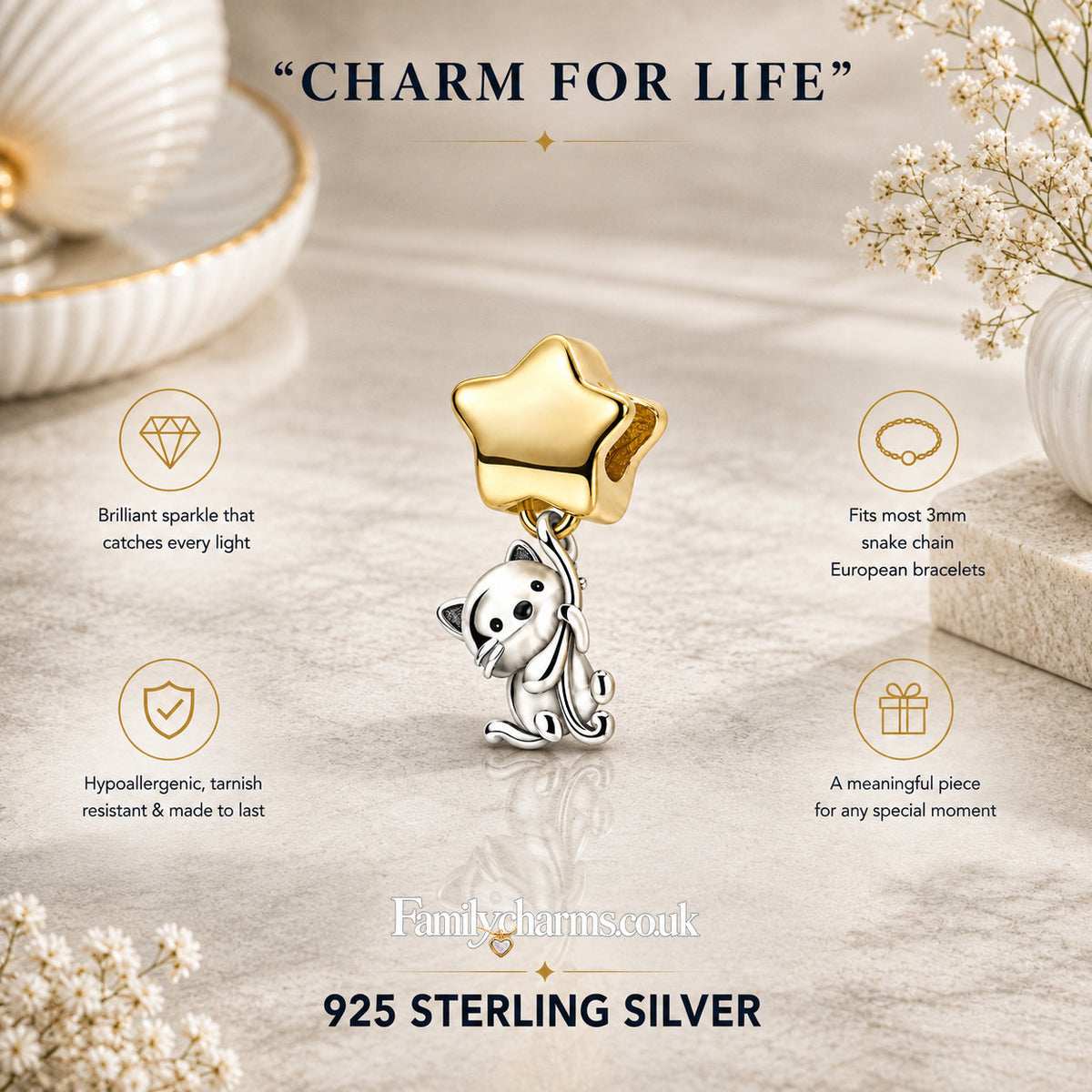 Cat Catching Golden Star Charm Hallmarked S925 for Charm Bracelet and Necklace