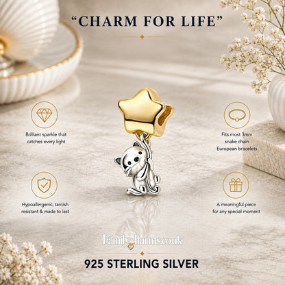 Cat Catching Golden Star Charm Hallmarked S925 for Charm Bracelet and Necklace