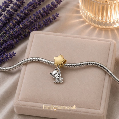 Cat Catching Golden Star Charm Hallmarked S925 for Charm Bracelet and Necklace