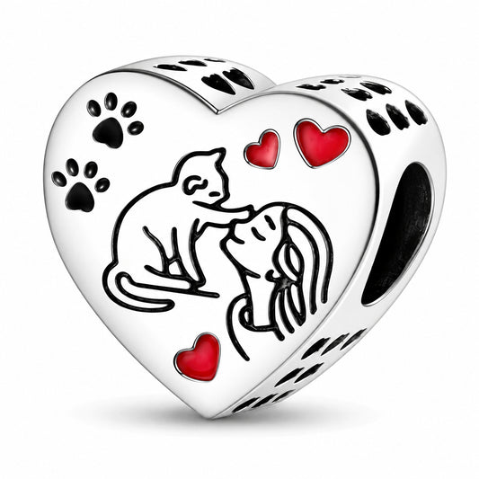 Cat Paw Print in Your Heart Charm for Bracelet, S925 Sterling Silver