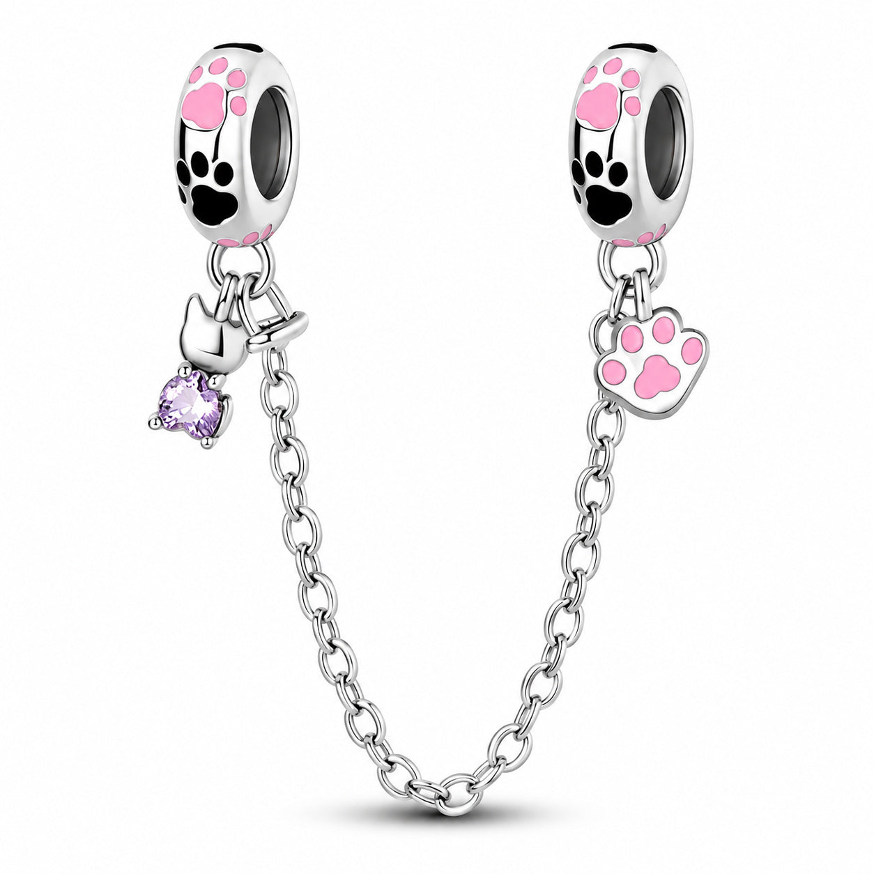 Pink Paw Print Cat Safety Chain Charm Sterling Silver Charm Hallmarked S925 for Charm Bracelet and Necklace