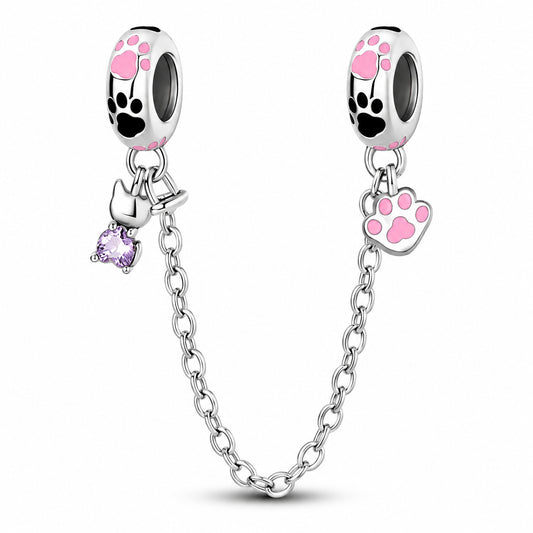 Pink Paw Print Cat Safety Chain Charm Sterling Silver Charm Hallmarked S925 for Charm Bracelet and Necklace