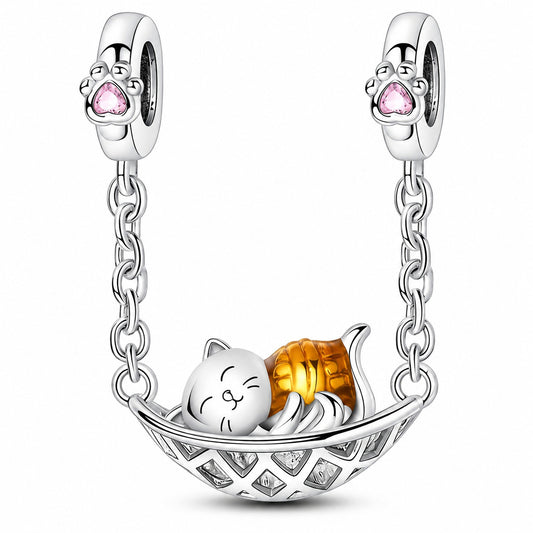 Cat in a Hammock Safety Chain Sterling Silver Charm Hallmarked S925 for Charm Bracelet and Necklace
