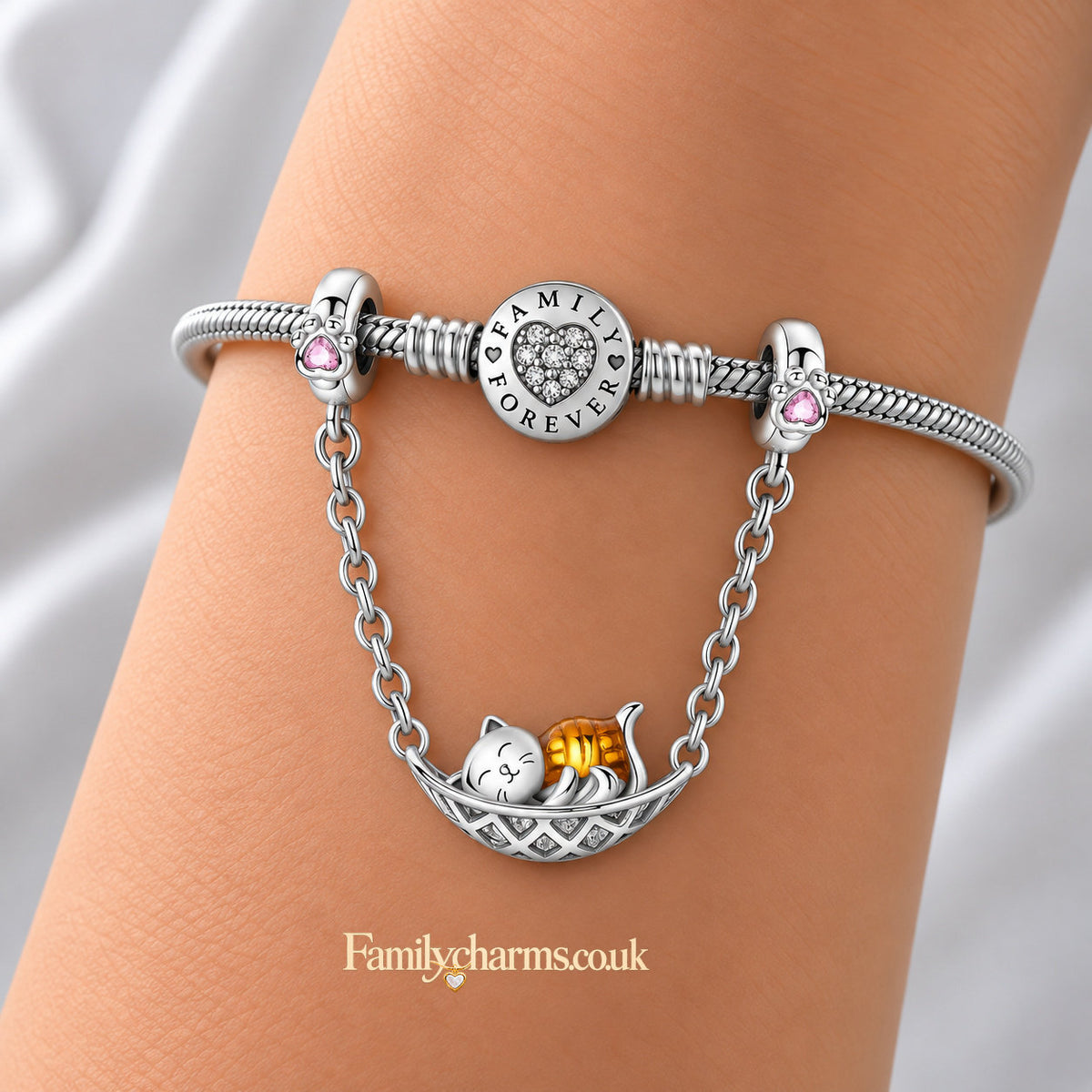 Cat in a Hammock Safety Chain Sterling Silver Charm Hallmarked S925 for Charm Bracelet and Necklace