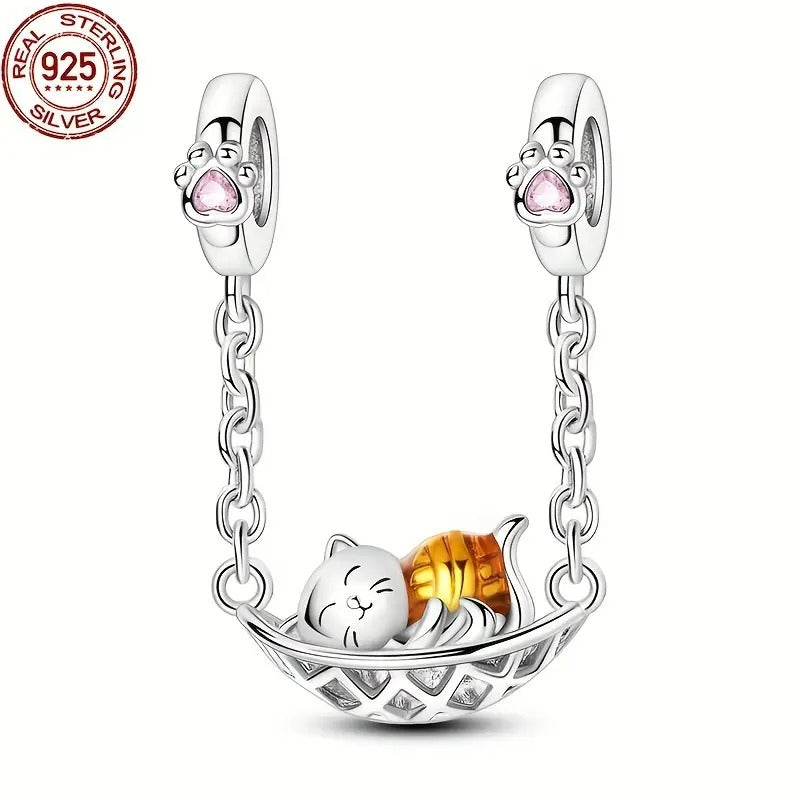 Cat in a Hammock Safety Chain Sterling Silver Charm Hallmarked S925 for Charm Bracelet and Necklace