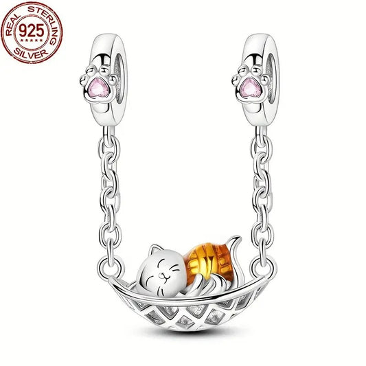 Cat in a Hammock Safety Chain Sterling Silver Charm Hallmarked S925 for Charm Bracelet and Necklace