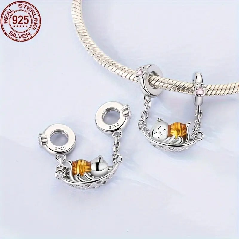 Cat in a Hammock Safety Chain Sterling Silver Charm Hallmarked S925 for Charm Bracelet and Necklace