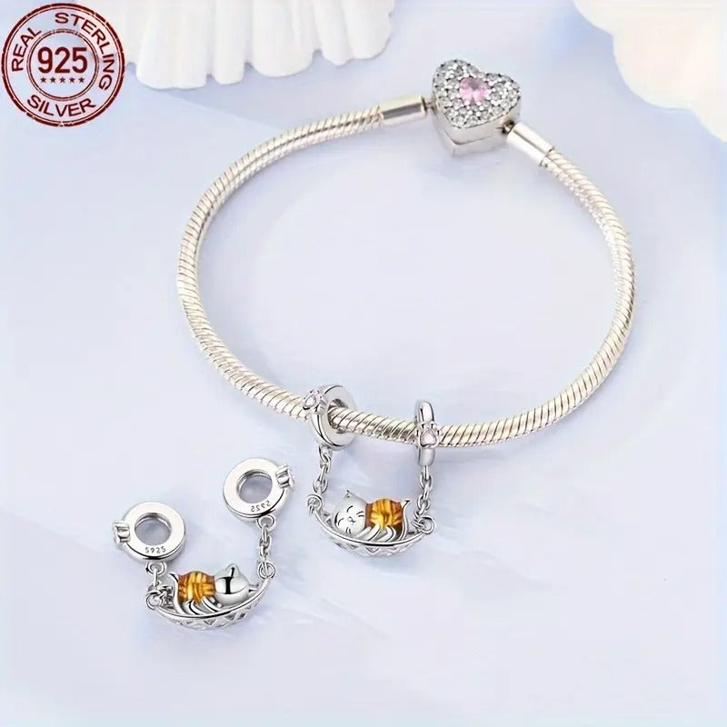 Cat in a Hammock Safety Chain Sterling Silver Charm Hallmarked S925 for Charm Bracelet and Necklace