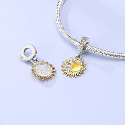Celestial Harmony Sun and Moon Dangle Sterling Silver Charm Hallmarked S925 for Charm Bracelet and Necklace
