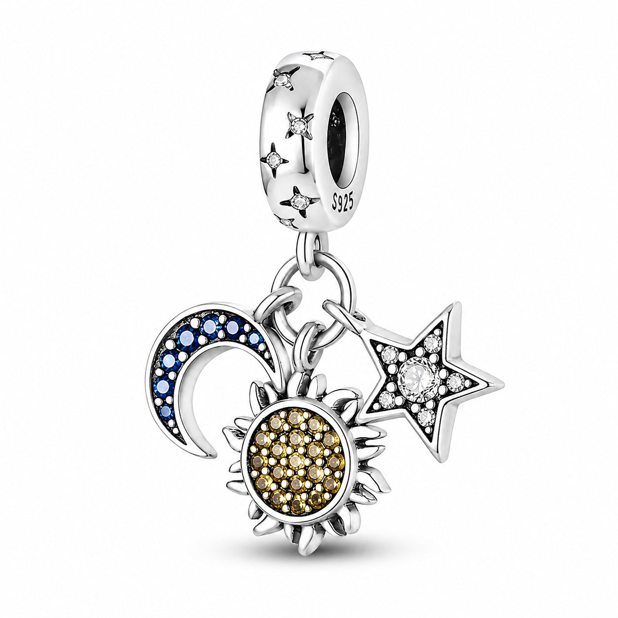 Celestial Sun Moon Star Tripple Dangle Charm Hallmarked S925 for Charm Bracelet and Necklace