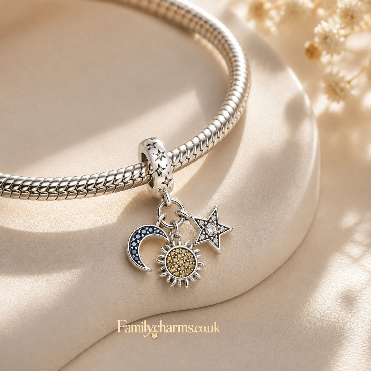 Celestial Sun Moon Star Tripple Dangle Charm Hallmarked S925 for Charm Bracelet and Necklace