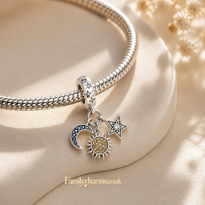 Celestial Sun Moon Star Tripple Dangle Charm Hallmarked S925 for Charm Bracelet and Necklace