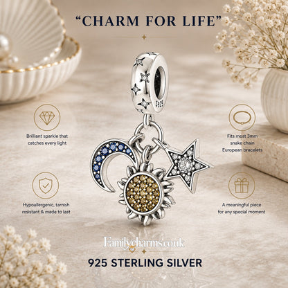 Celestial Sun Moon Star Tripple Dangle Charm Hallmarked S925 for Charm Bracelet and Necklace