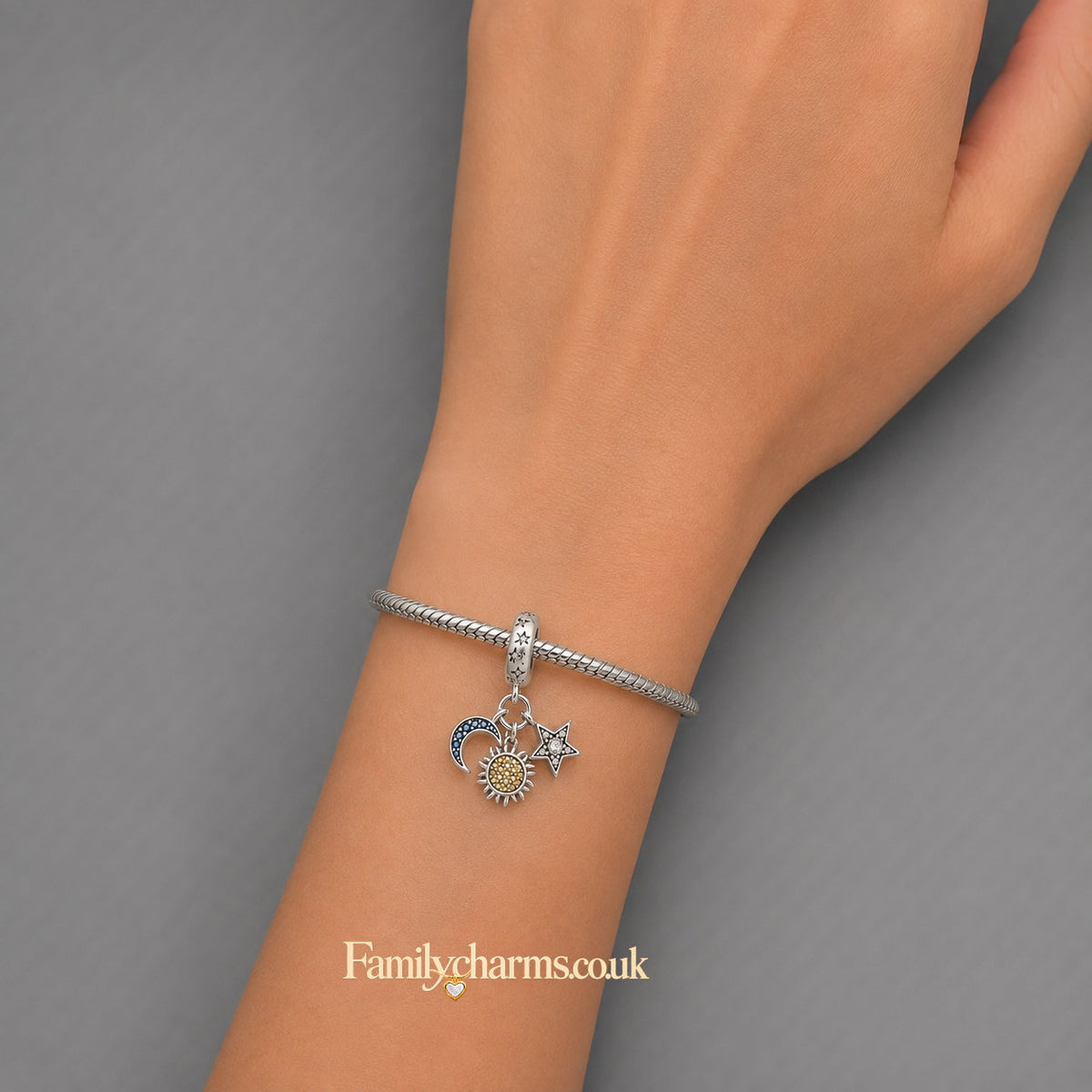 Celestial Sun Moon Star Tripple Dangle Charm Hallmarked S925 for Charm Bracelet and Necklace