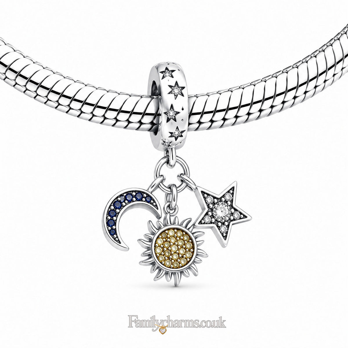 Celestial Sun Moon Star Tripple Dangle Charm Hallmarked S925 for Charm Bracelet and Necklace