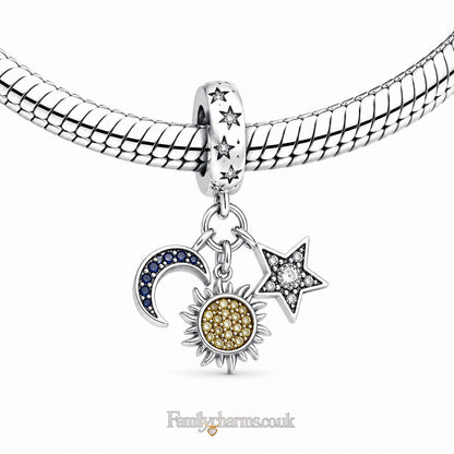 Celestial Sun Moon Star Tripple Dangle Charm Hallmarked S925 for Charm Bracelet and Necklace