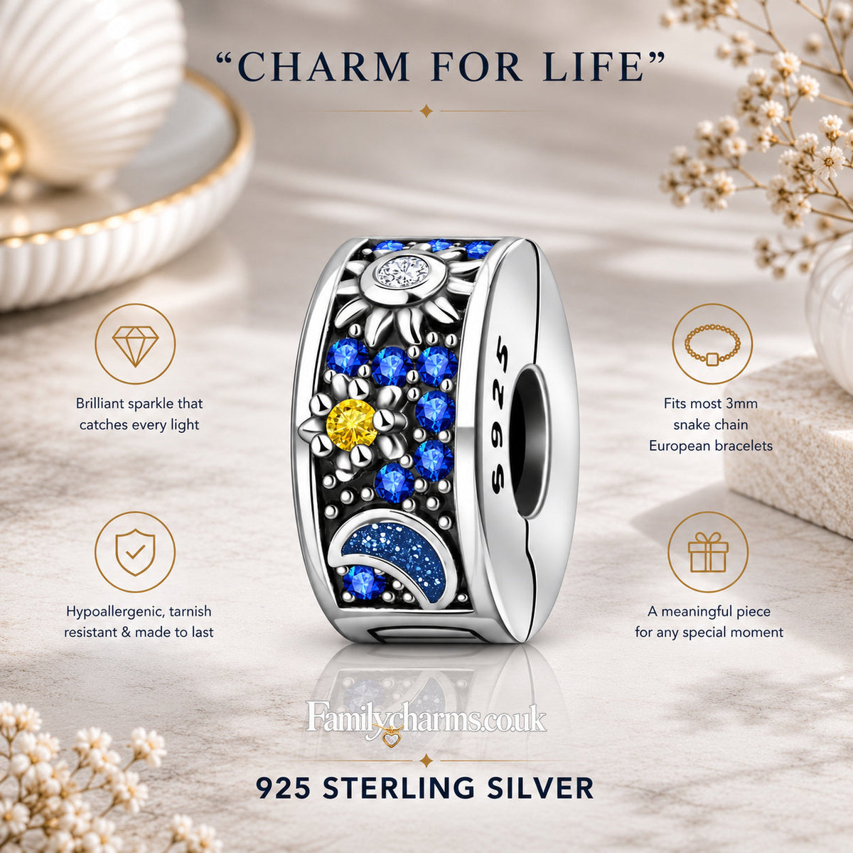 Celestial Sun, Star & Moon Clip Charm Hallmarked S925 for Charm Bracelet and Necklace