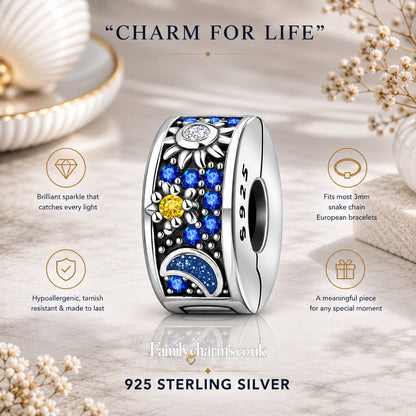 Celestial Sun, Star & Moon Clip Charm Hallmarked S925 for Charm Bracelet and Necklace