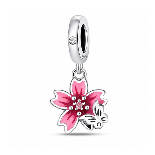 Cherry Blossom and Butterfly Pendant Charm for Bracelet, S925 Sterling Silver