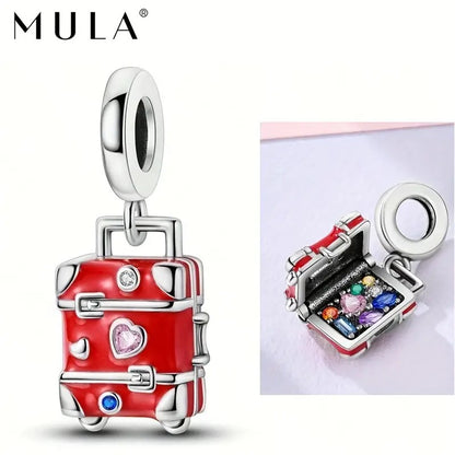 Classic Red Love Heart Luggage Travel Bag Sterling Silver Charm Hallmarked S925 for Charm Bracelet and Necklace
