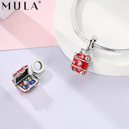 Classic Red Love Heart Luggage Travel Bag Sterling Silver Charm Hallmarked S925 for Charm Bracelet and Necklace