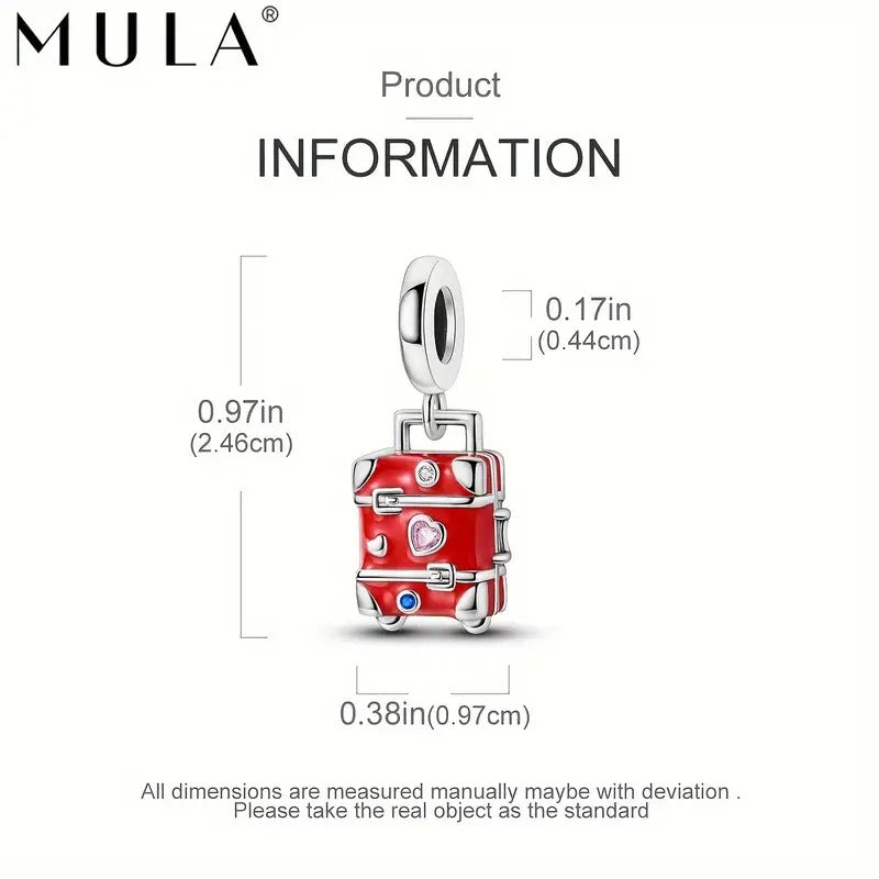 Classic Red Love Heart Luggage Travel Bag Sterling Silver Charm Hallmarked S925 for Charm Bracelet and Necklace